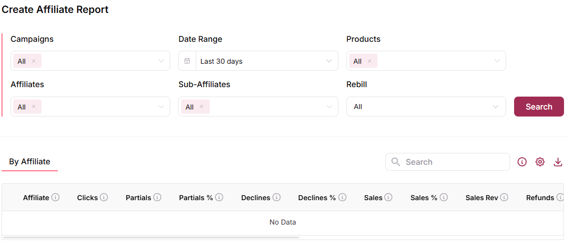 Affiliate Report navigation interface