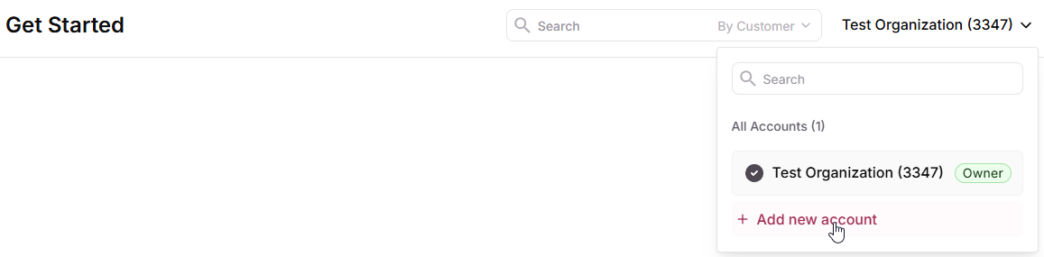 Account Selector dropdown with All Accounts list, search field, and Add new account option