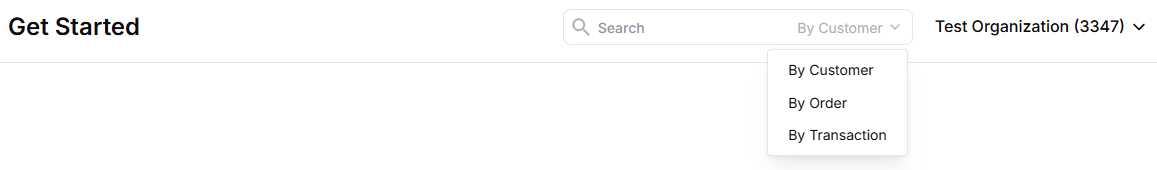 Search box showing By Customer, By Order, and By Transaction options in dropdown
