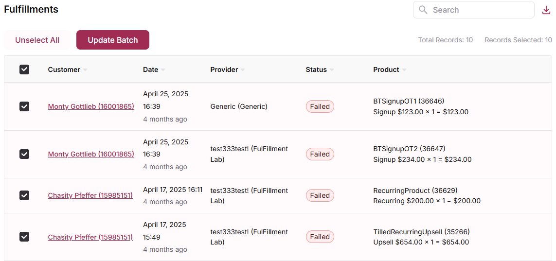 Select failed shipments for reship