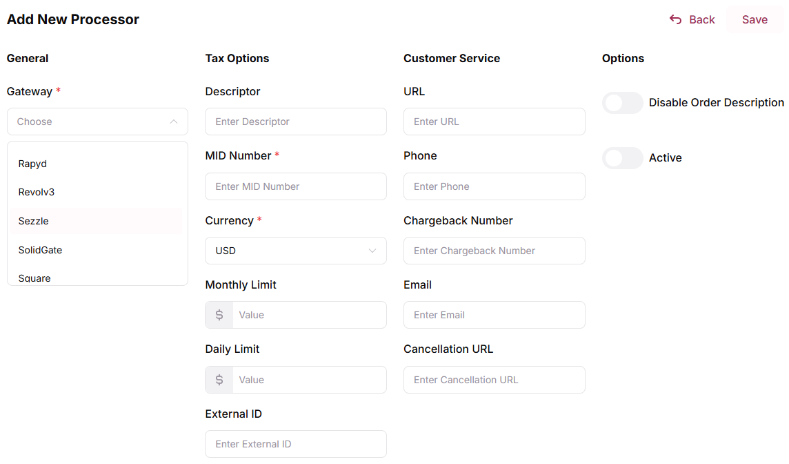 Sezzle processor selection from available options