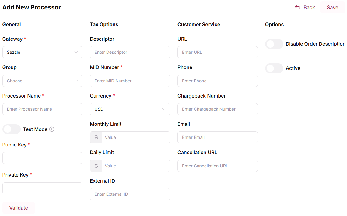Sezzle merchant configuration form with credentials fields