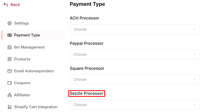 Campaign Processors tab with Sezzle Processor dropdown