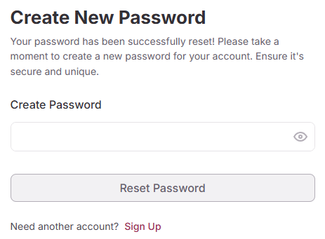 Create New Password page interface