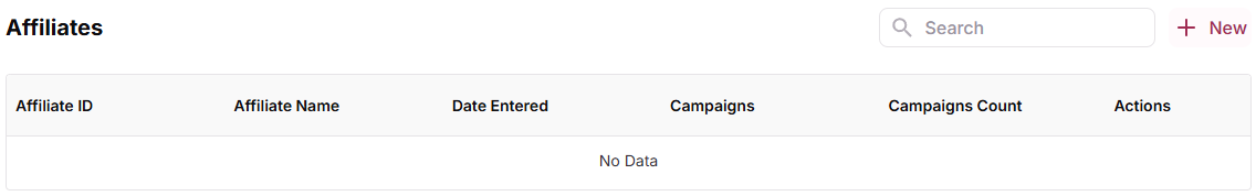 CRM Affiliates section with New button