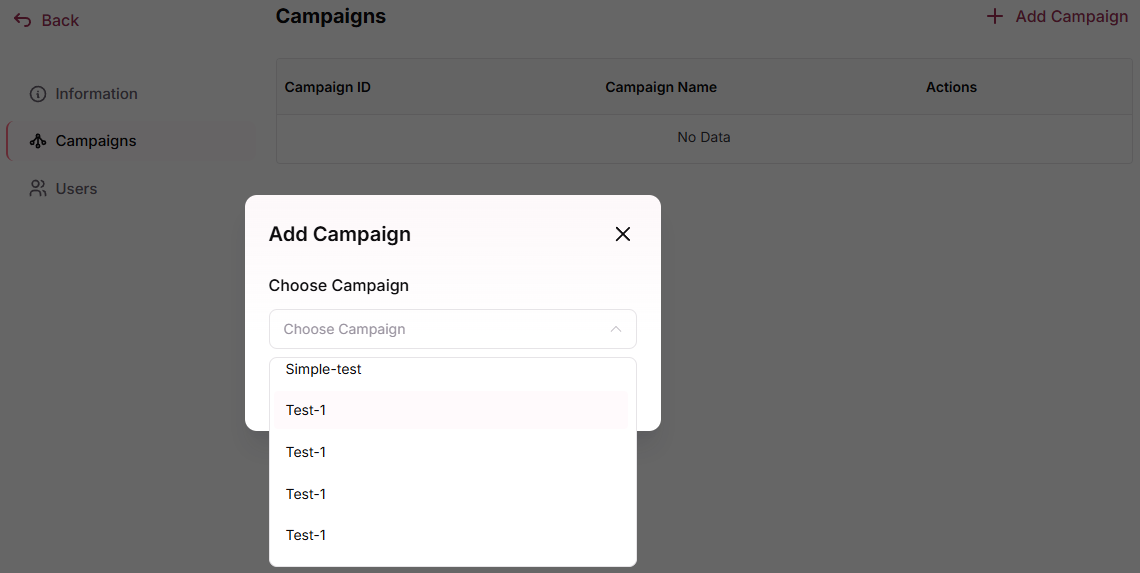 Affiliate campaigns section with Add Campaign dropdown