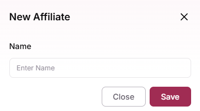 New affiliate form with Name field and Save button