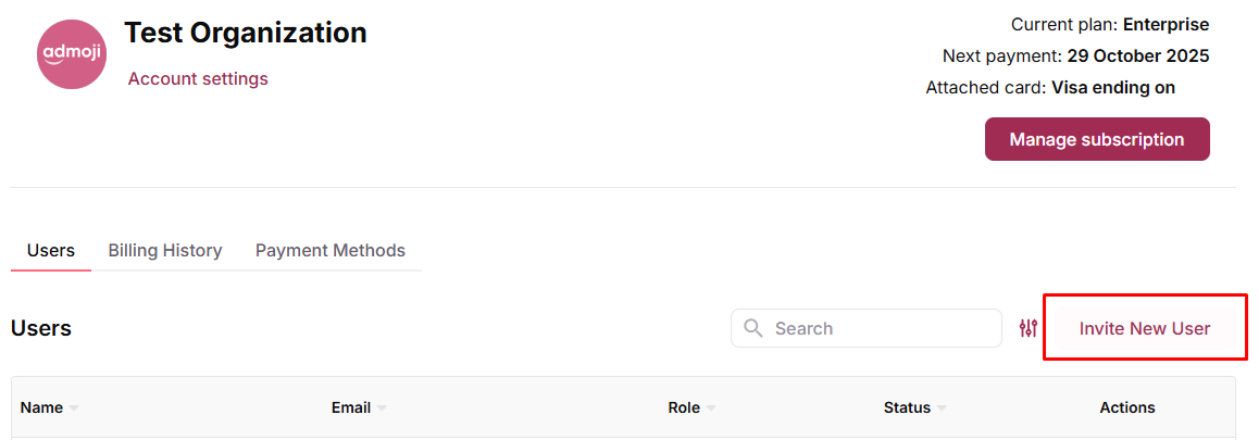 Settings Users tab with Invite New User button