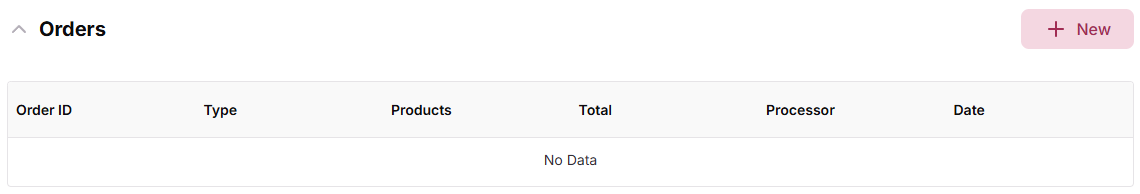 Customer profile Orders section with New button