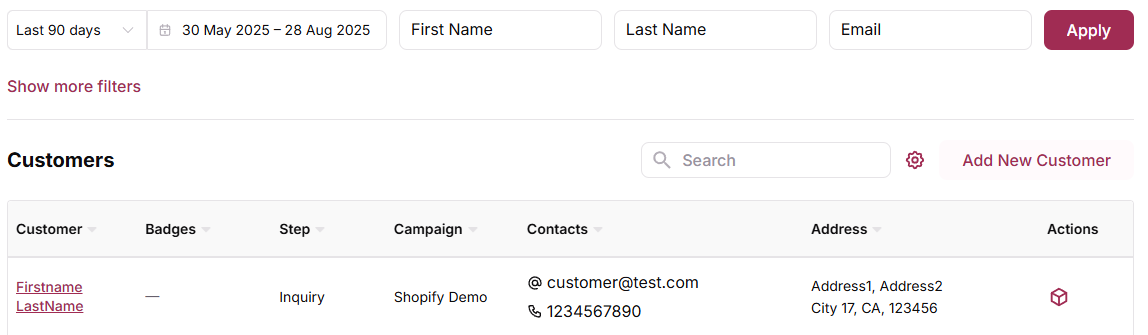 For Customers Search navigation and customer selection