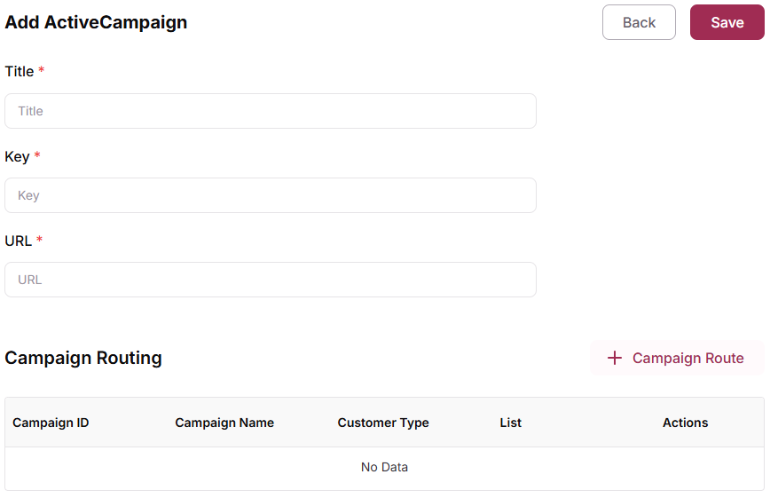 ActiveCampaign configuration form with Title, Key, and URL fields