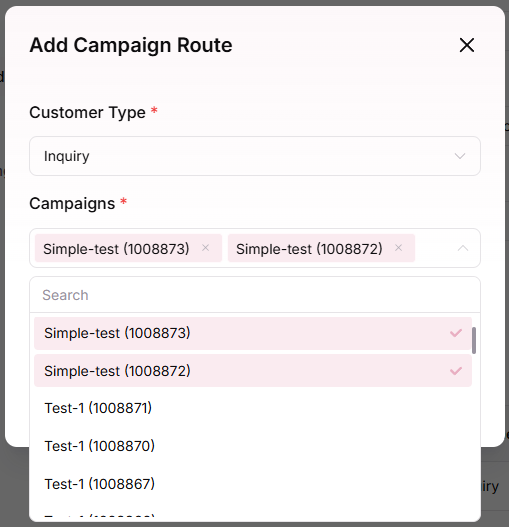 Campaign Route configuration with ActiveCampaign List, Customer Type, and Campaign selection