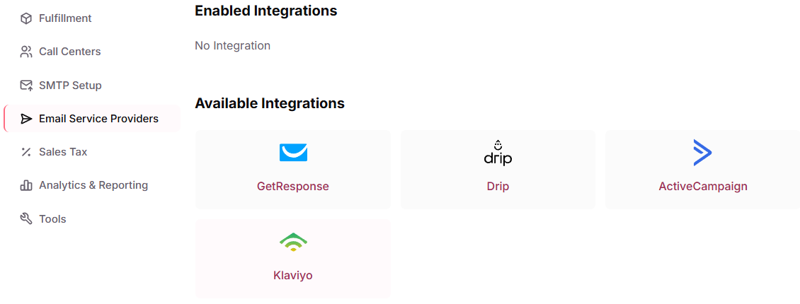 Email Service Providers interface with Klaviyo selected