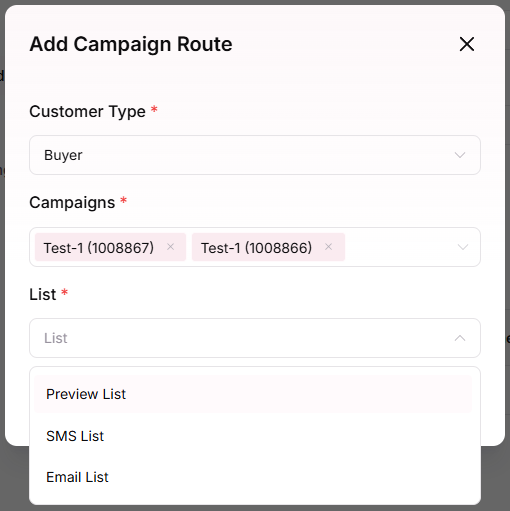 Campaign Route configuration with Klaviyo List, Customer Type, and Campaign selection
