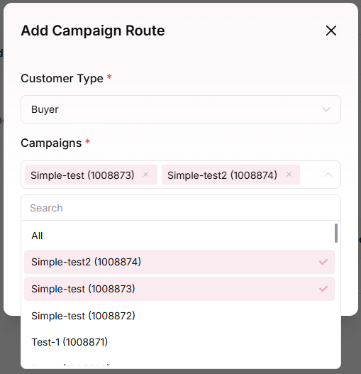 Campaign Route configuration with GetResponse List, Customer Type, and Campaign selection
