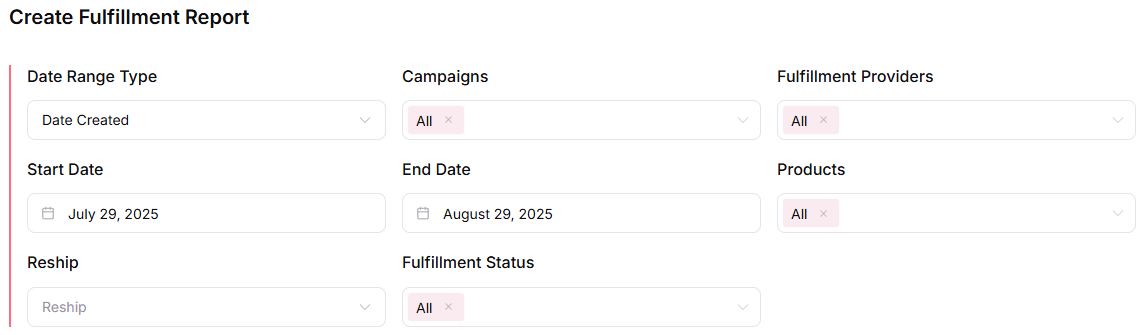 Fulfillment report filter interface