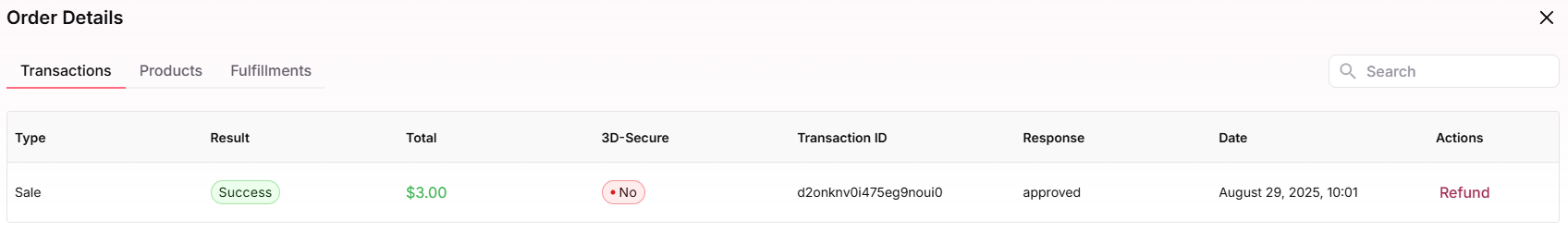 Order details modal with transactions tab selected