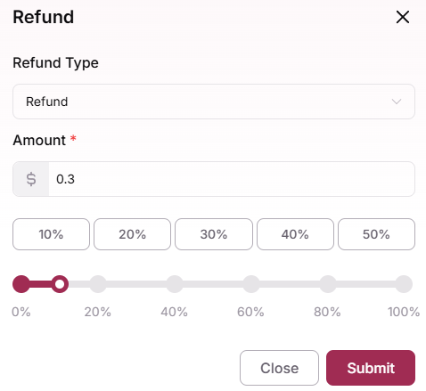 Refund configuration modal with amount and type options