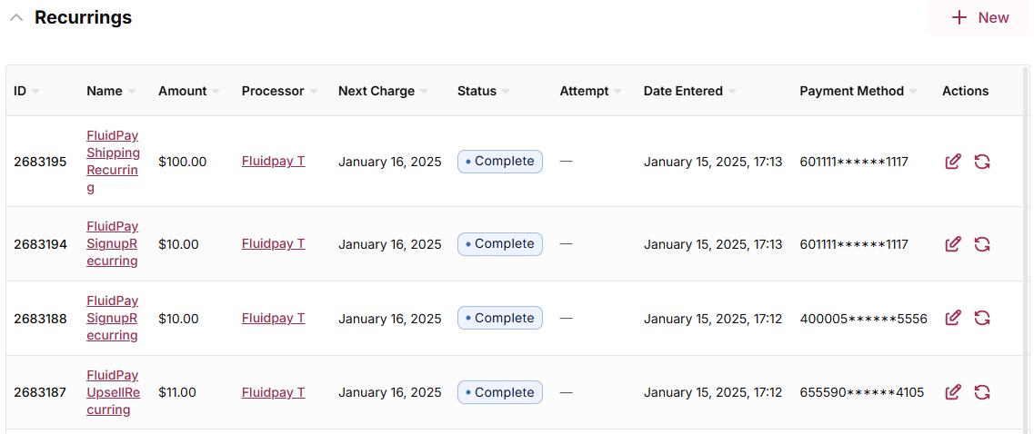 Customer profile recurrings section