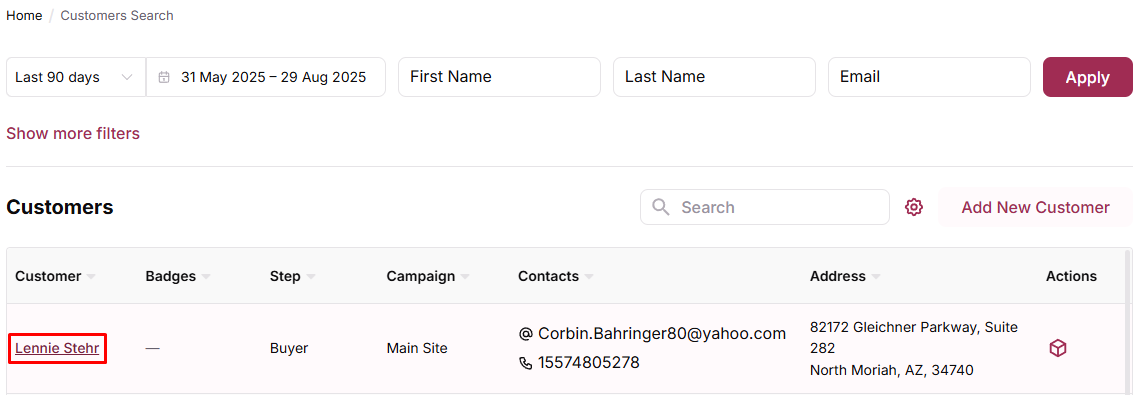 Customer search interface and profile access