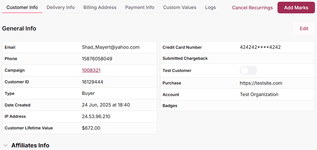 Customer profile with tabs and sections