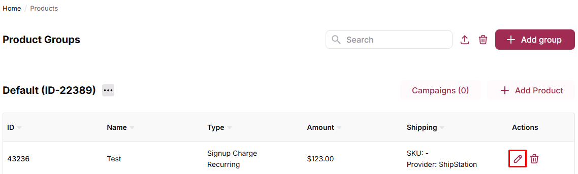 Products page showing edit buttons in actions column