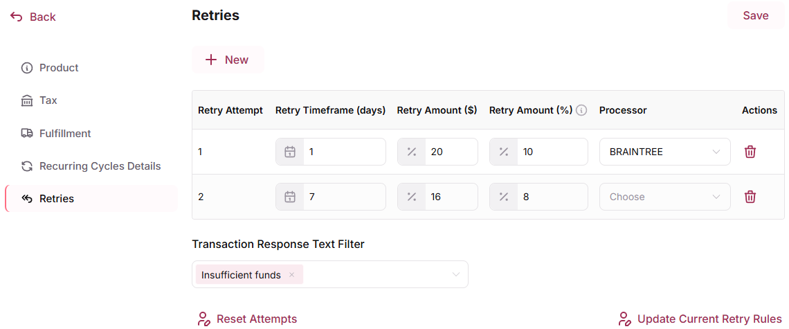 Retry configuration interface showing retry attempts setup