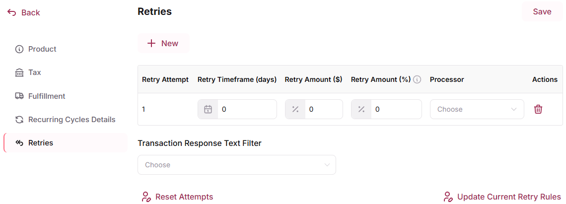 Product edit page showing Retries tab in left sidebar