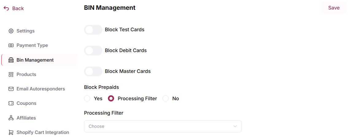Bin Management tab interface with blocking options