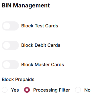 Card blocking configuration options with toggles and radio buttons