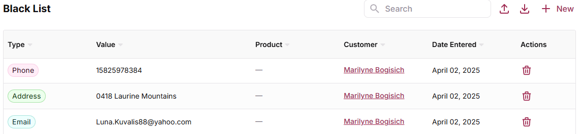 Blacklist System interface with existing entries