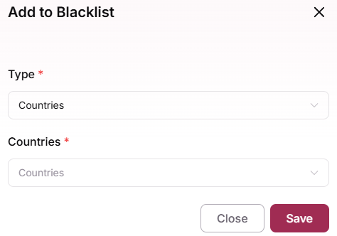 Add to Blacklist modal with countries selected