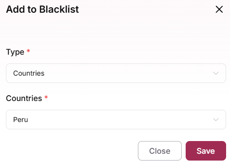 Countries dropdown with country selection