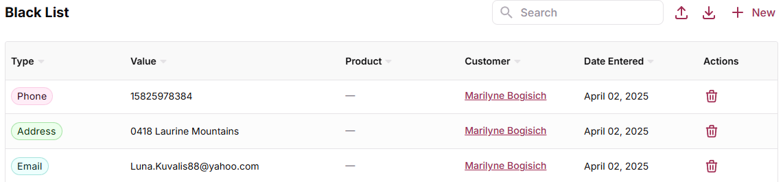 Blacklist System interface with existing entries