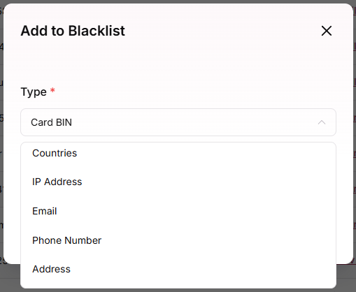 Add to Blacklist modal with blocking types dropdown