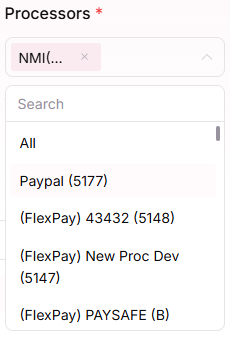 Processor selection dropdown with multiple options