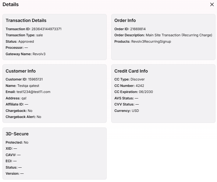 Transaction Report results table