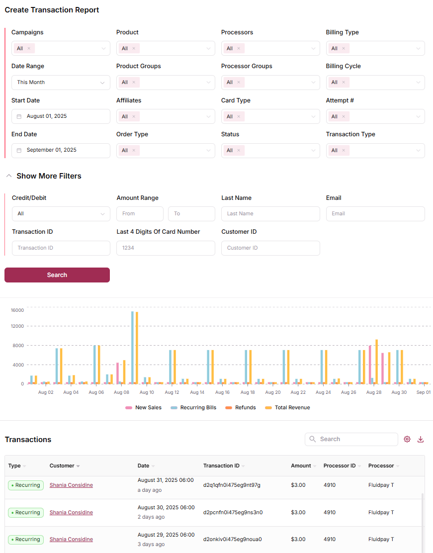 Transaction Report filters interface
