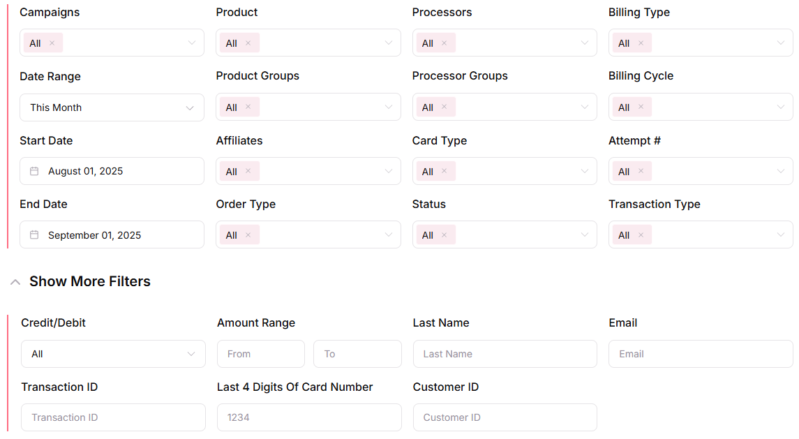 Transaction Report search interface