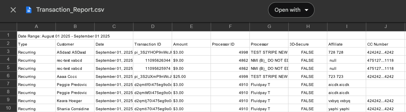 Transaction Report export functionality
