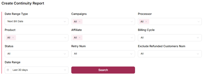 Continuity Report filters interface