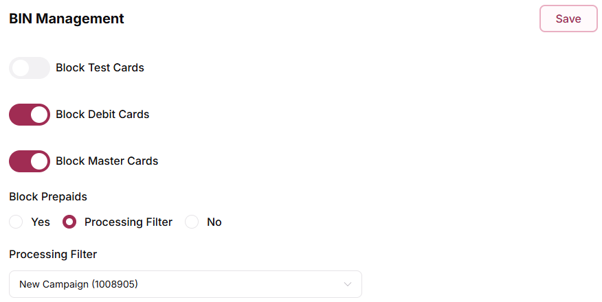 BIN Management configuration saved