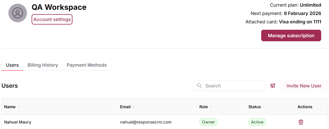 Account settings navigation menu