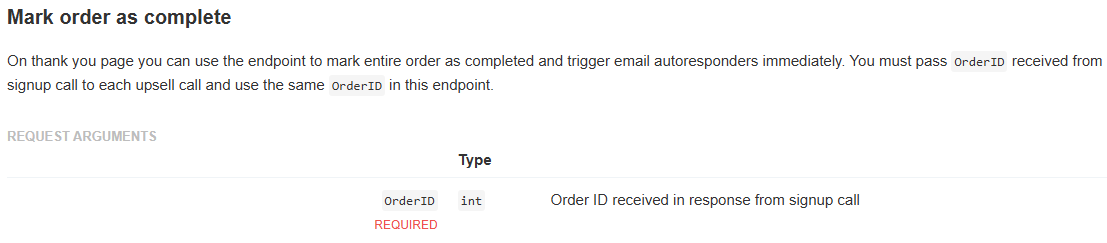 Mark Order Complete API endpoint in documentation