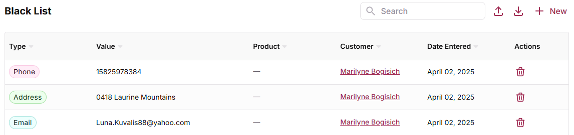 Blacklist System interface with existing entries