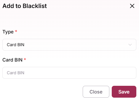 Add to Blacklist modal with Card BIN type selected