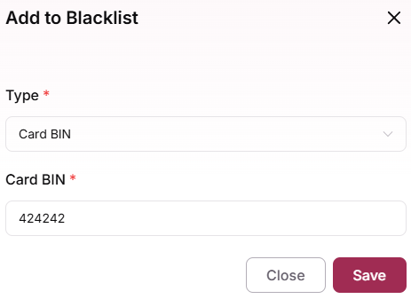 Card BIN field with BIN sequence entered
