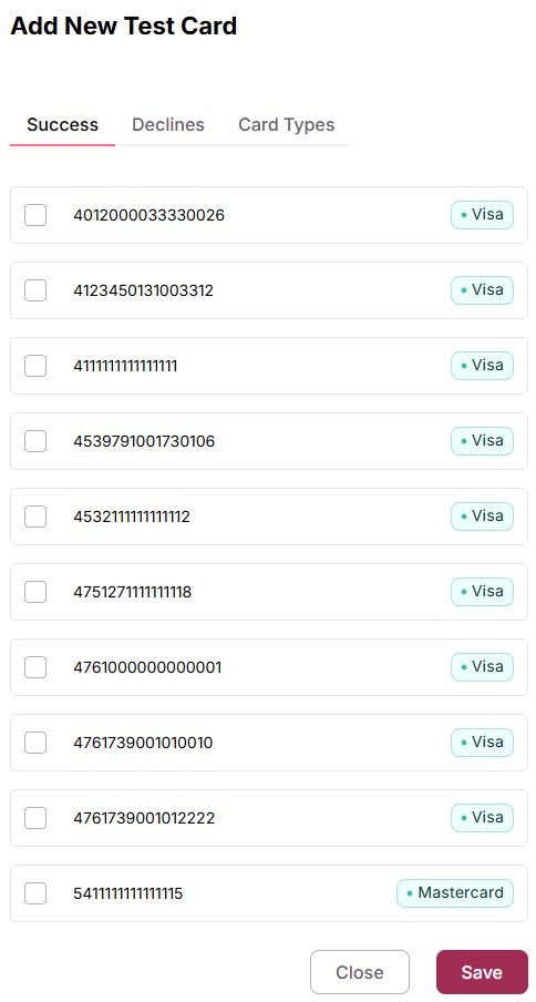 Success tab with test card numbers