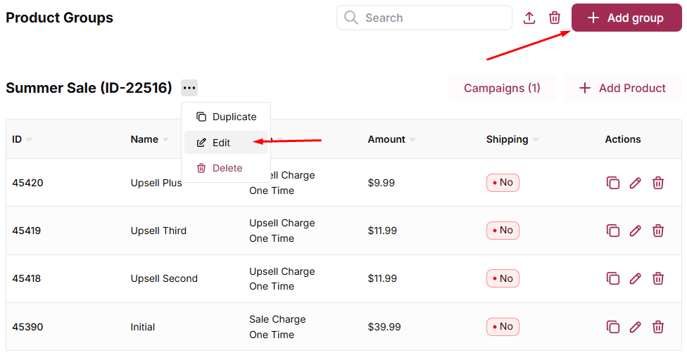 Open the Product Group modal