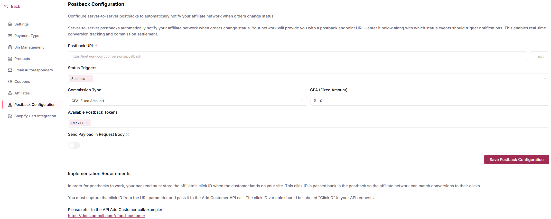 Open Postback Configuration